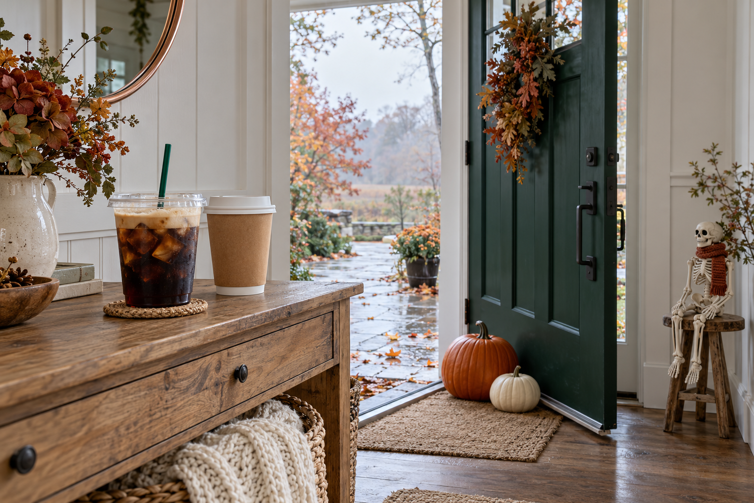 An imagined bright cottage entryway with a green door, pumpkins, hot and iced takeaway coffee, and a small scarf-wearing skeleton.