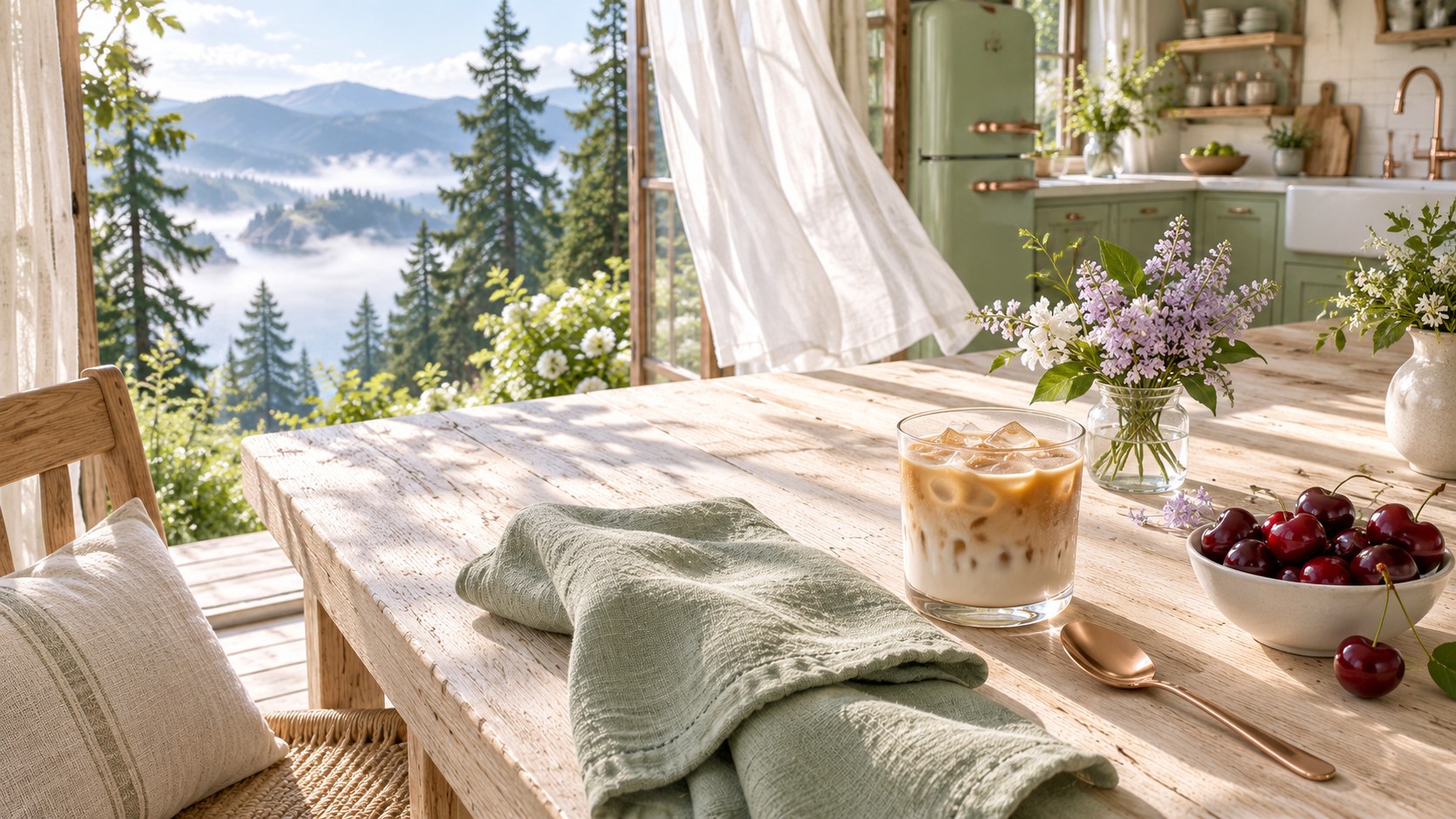 A bright coffee table with green linen and a view of evergreens