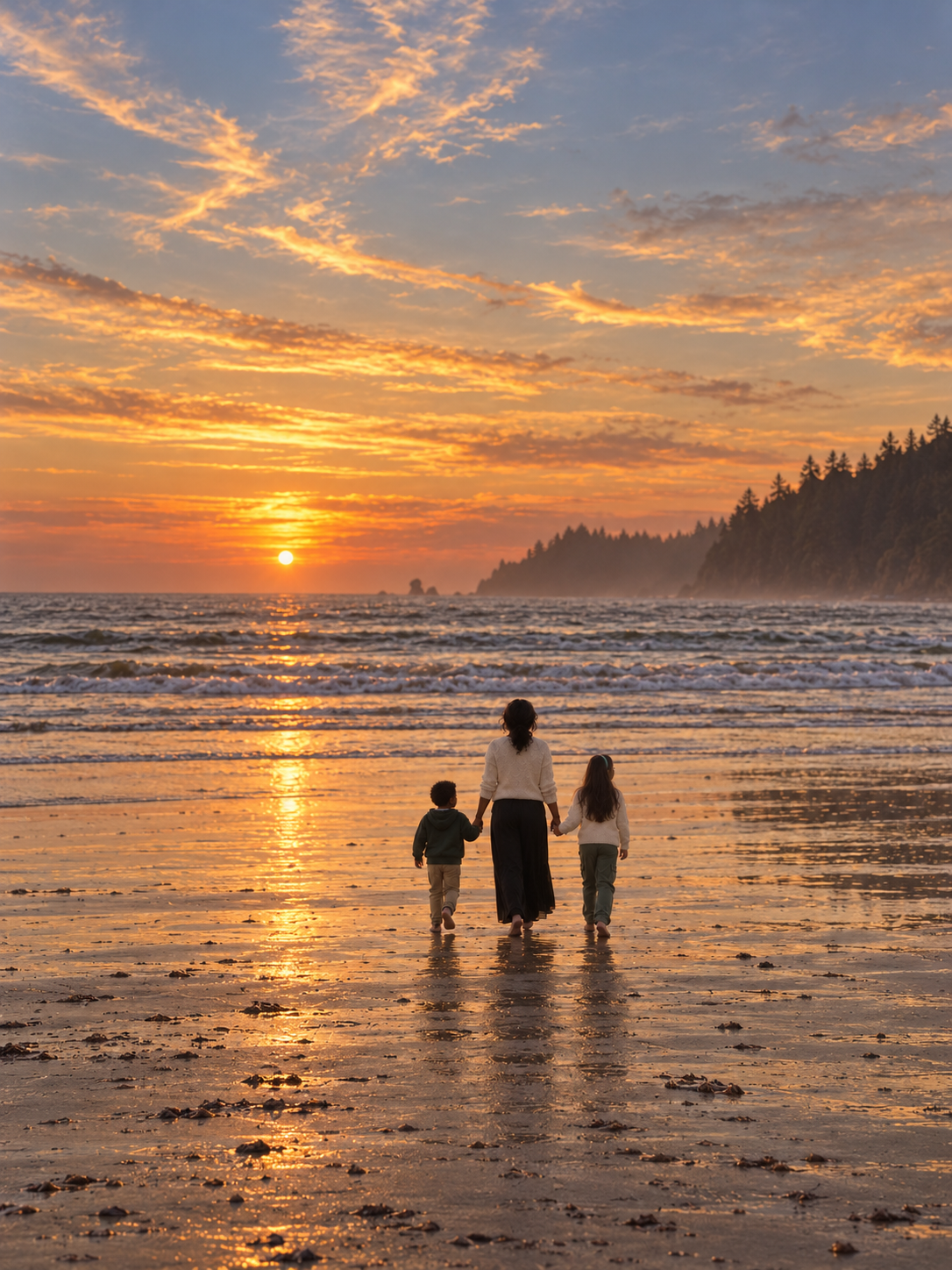 A distant, softly imagined family moment with Michelle and her children barefoot on a golden beach