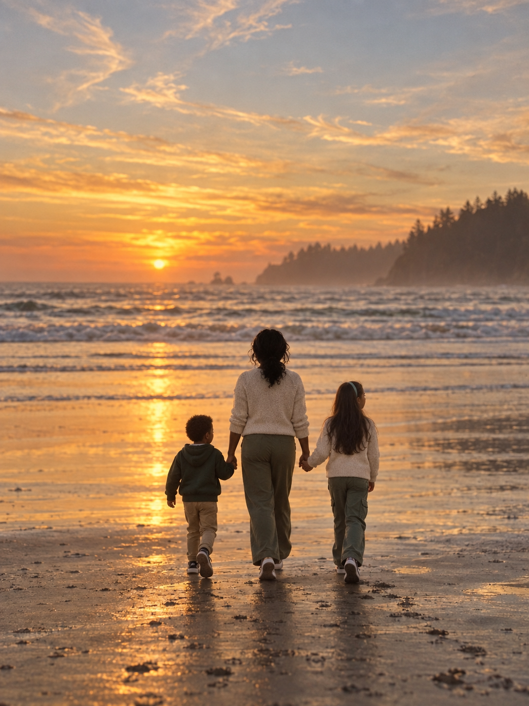 An artful family portrait of Michelle and her two children walking away into soft golden light on the beach