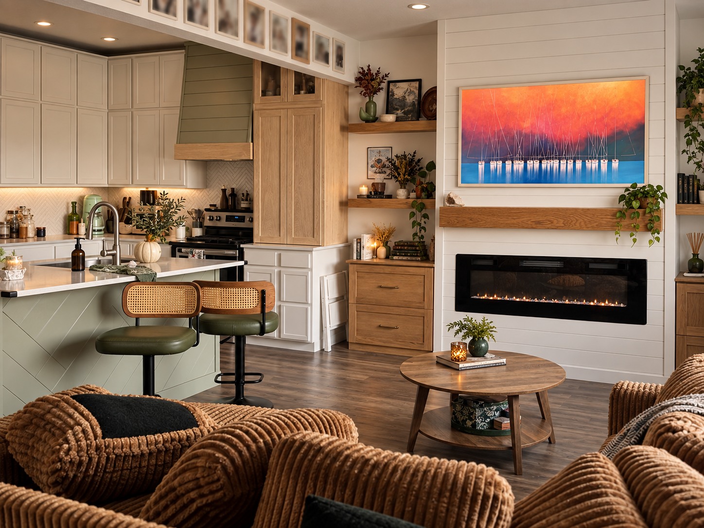 Michelle’s cottage living room: a deep corduroy sofa, green stools and a warm wood fireplace