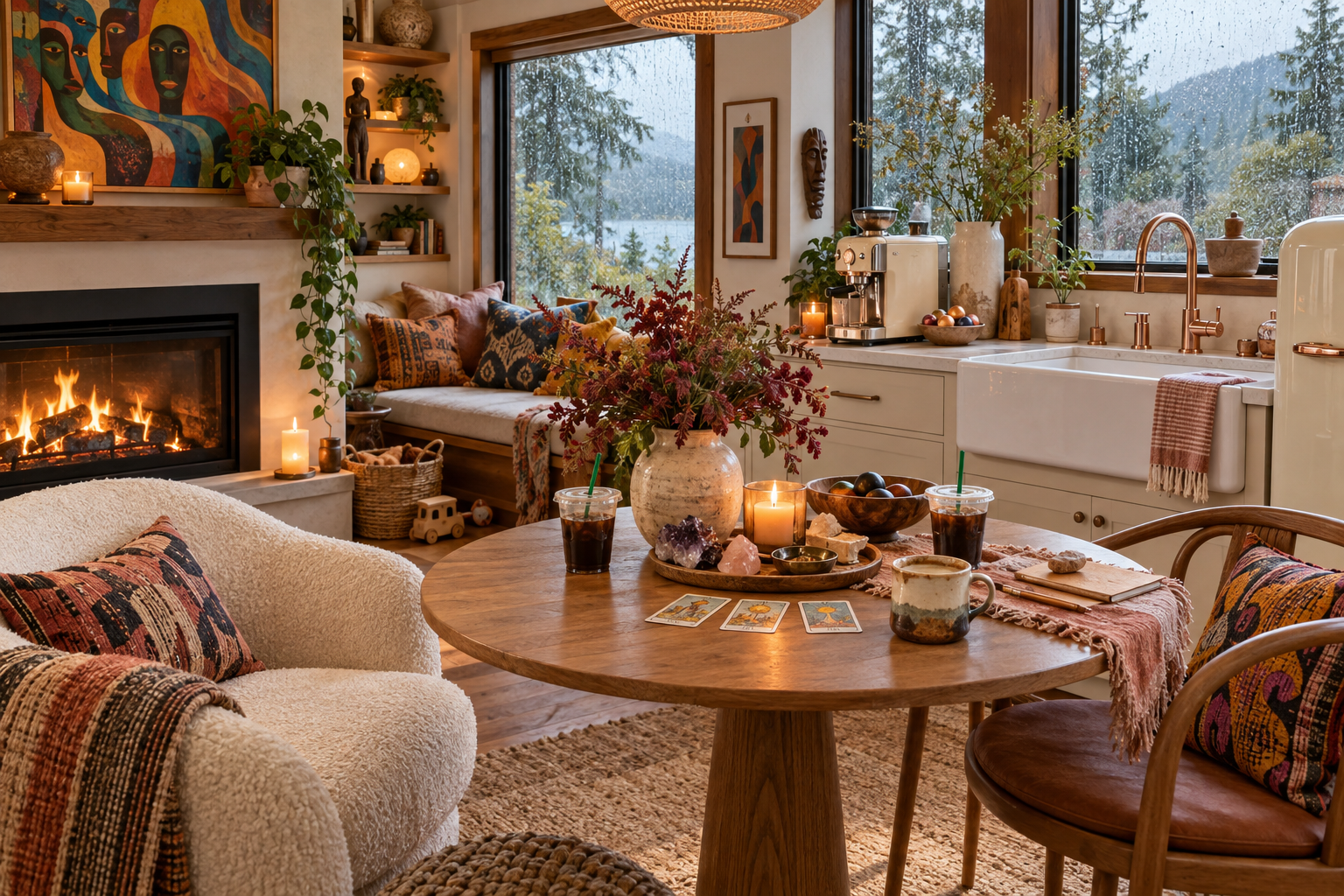 An imagined bright cottage with Nigerian-inspired artwork, coffee, tarot cards, soft textiles and a rainy window