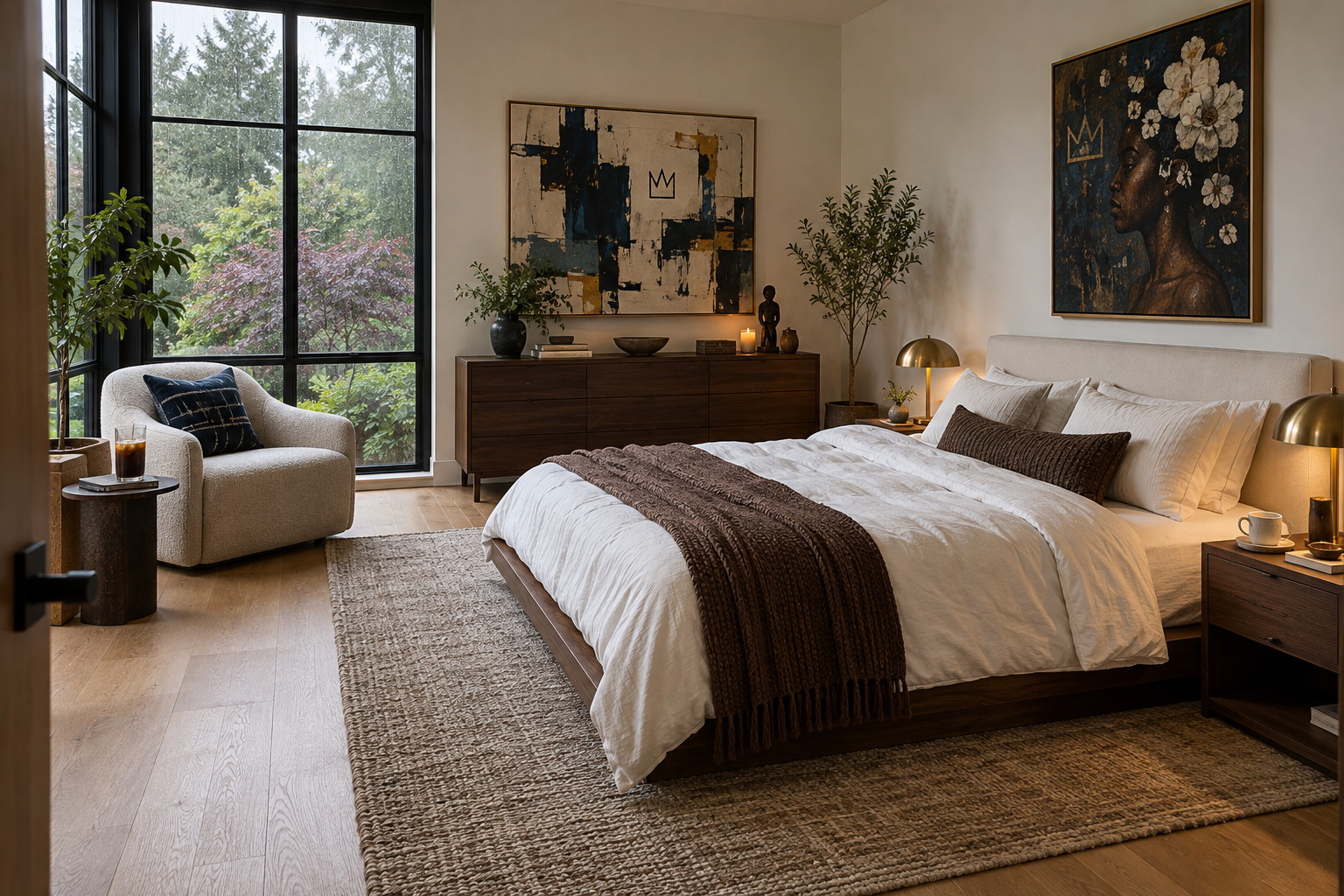 White and cocoa bedroom with a reading chair beside a rainy window