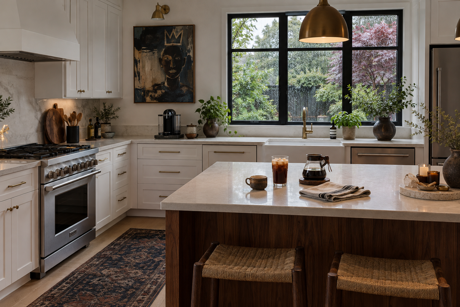White kitchen with walnut island, coffee machine, hot coffee and an iced drink