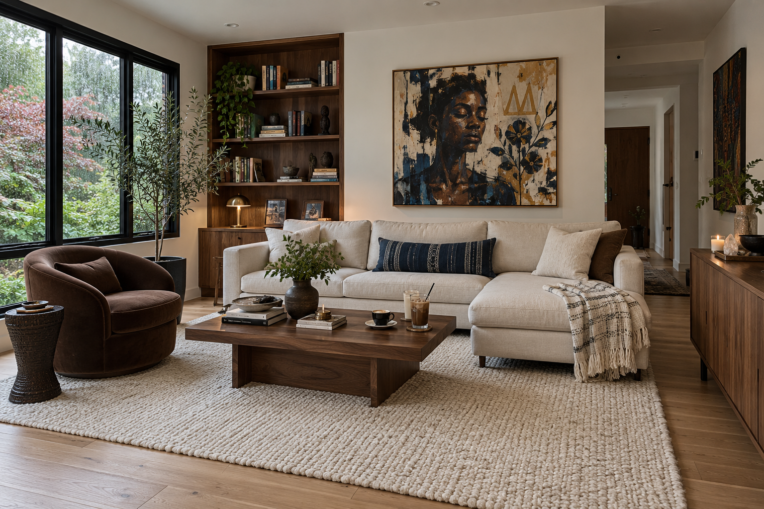 Living room with coffee, indigo textiles and warm wood